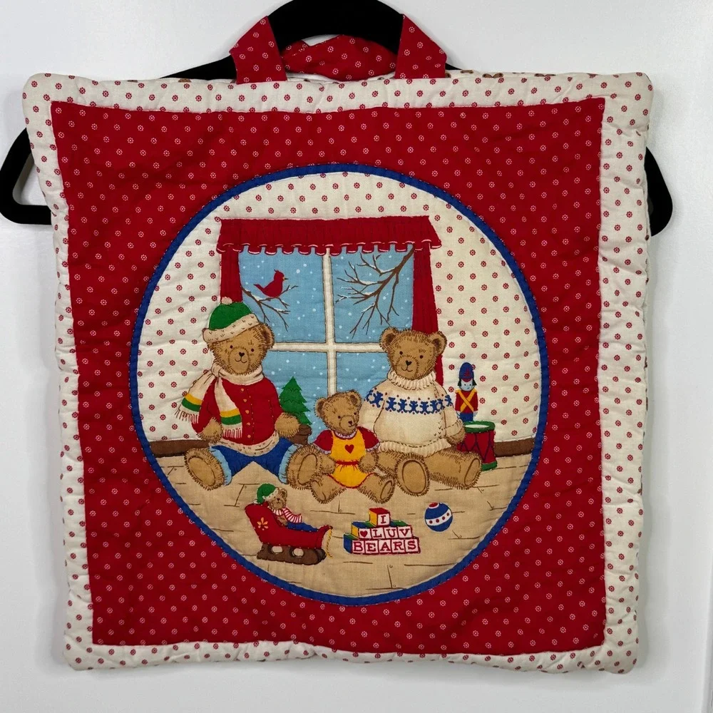 Handmade Quilted Throw Pillowcase Teddy Bear Christmas Square 16 x‎ 16 Grandma